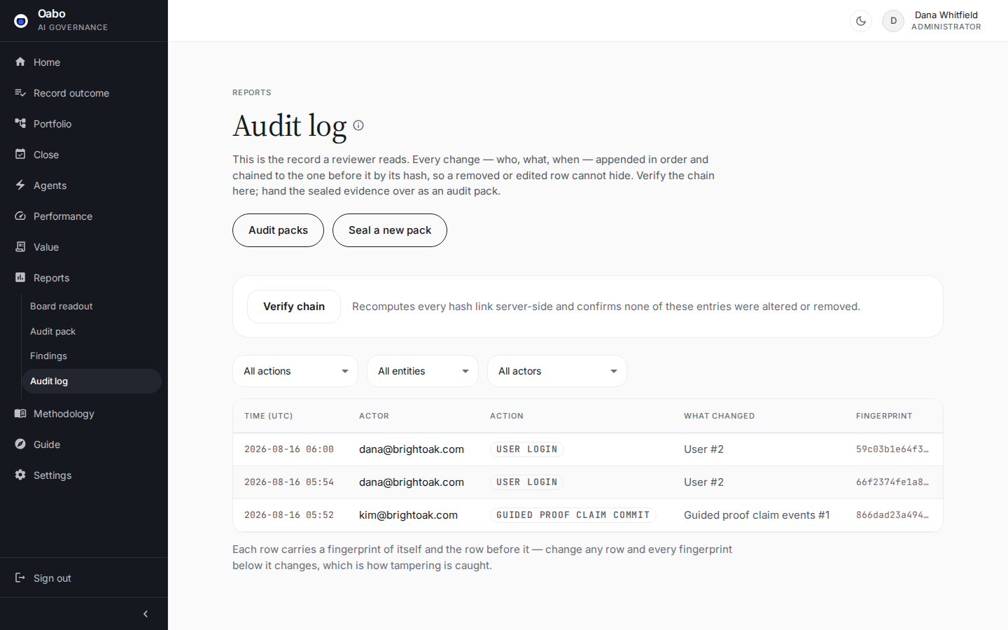 The audit log on sample data: a hash-chained record of actions with actors and timestamps, and the audit-pack actions above it.