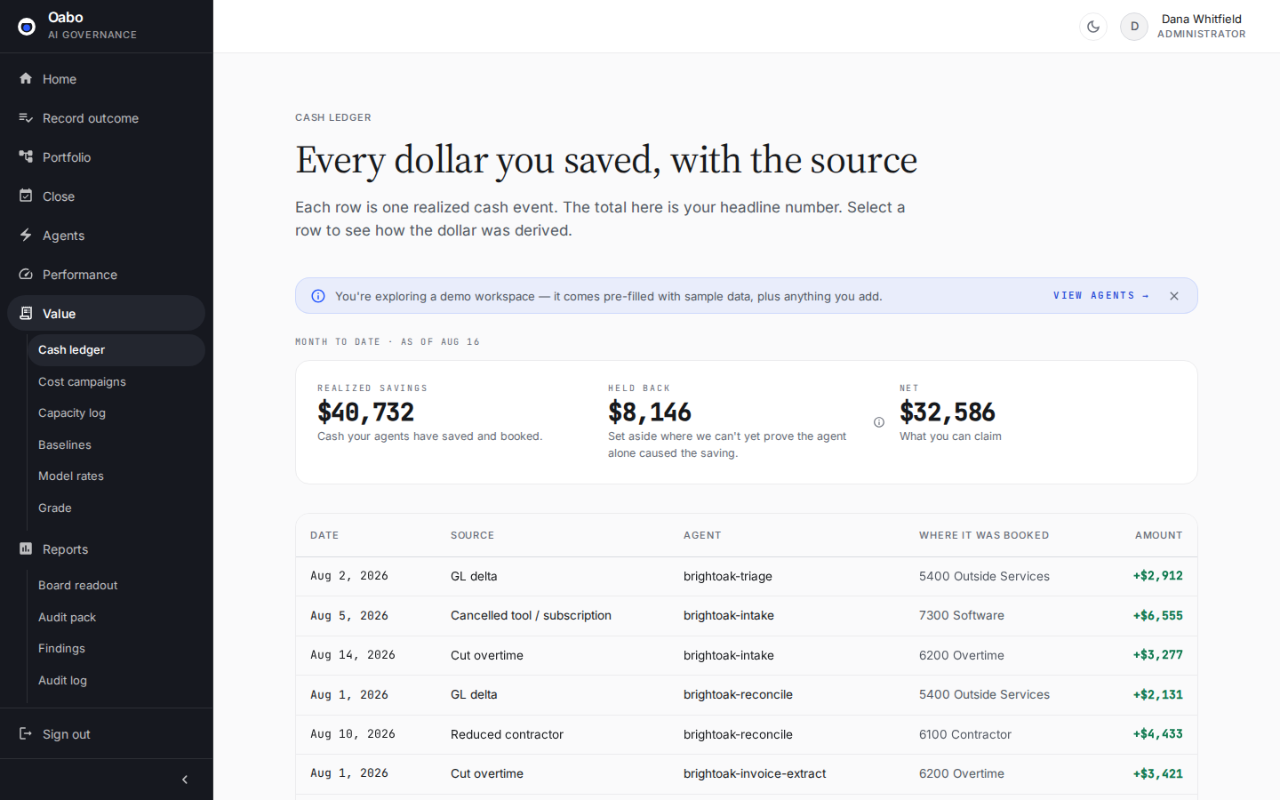 The cash ledger on sample data: realized savings with the source behind each entry, amounts in monospace, and verification states.